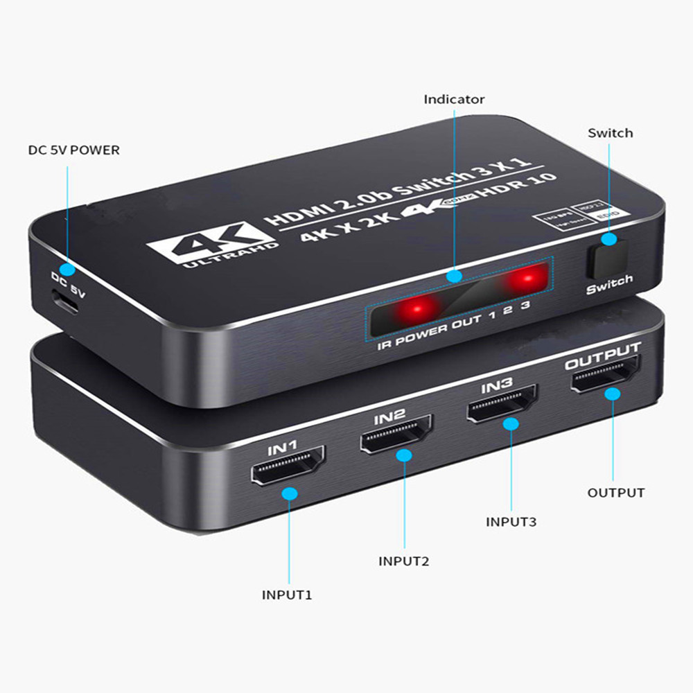 HDMI 2.0b Switcher 3x1 4K@60Hz HDR with IR Remote And LED Indicator
