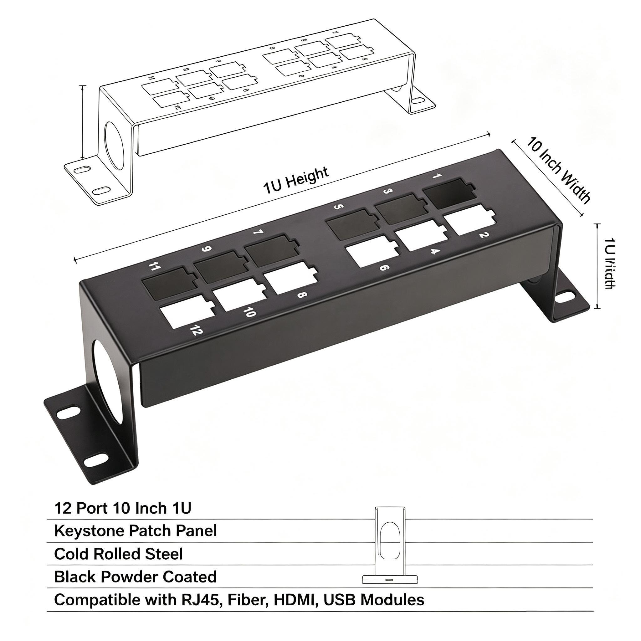 12 Port Wall Mount Keystone Patch Panel Bracket, 10 Inch Empty Keystone Frame