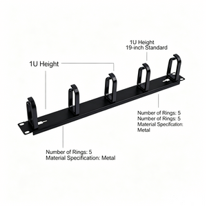 1U 19 Inch Rack Mount Cable Management Panel with 5 Plastic U Rings For Server Cabinet
