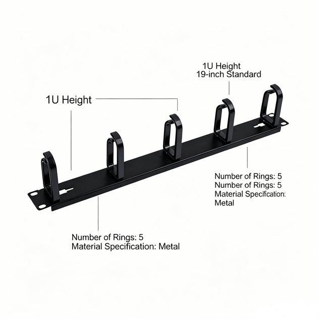 1U 19 Inch Rack Mount Cable Management Panel with 5 Plastic U Rings For Server Cabinet
