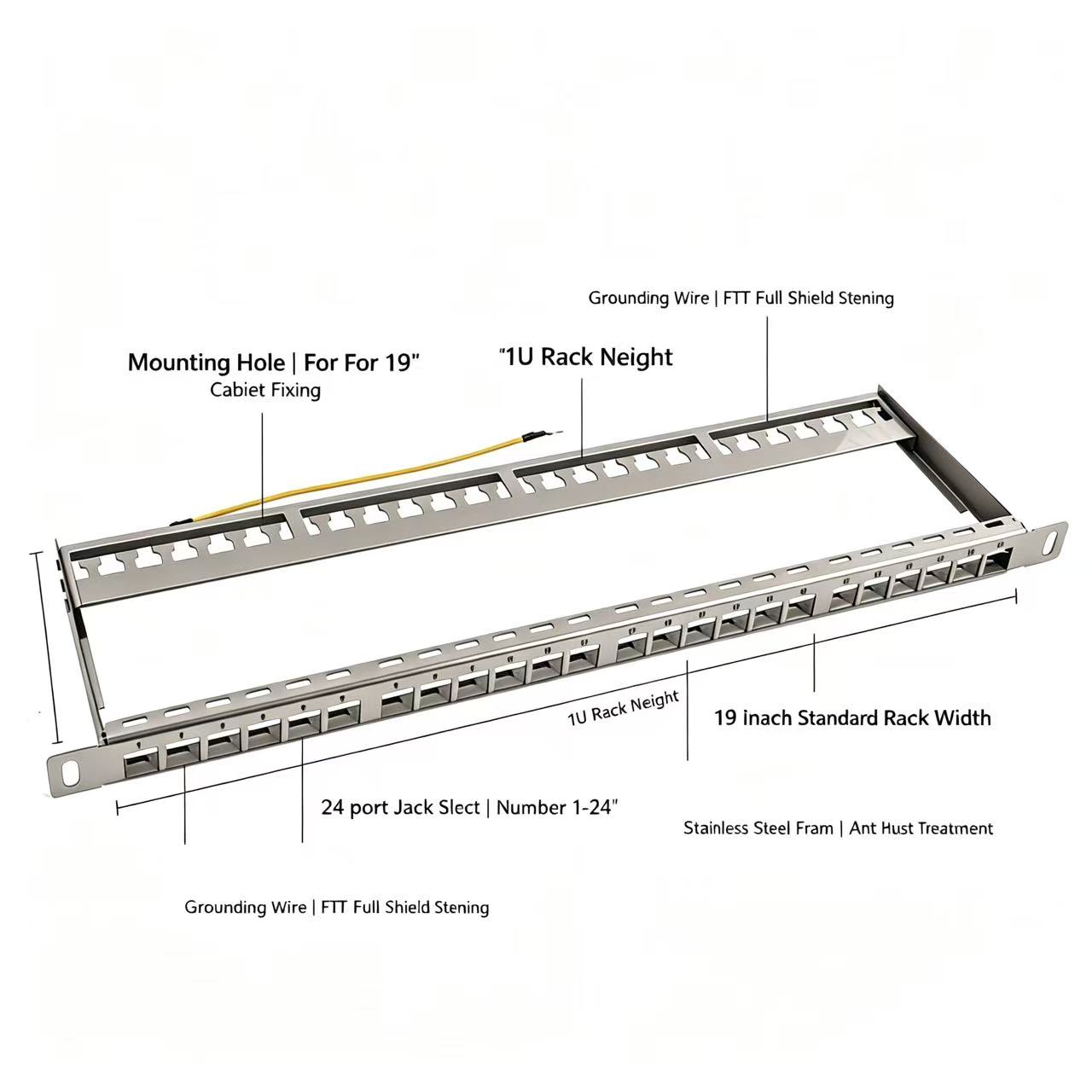 19 Inch 1U 24 Port Shielded Empty Patch Panel Stainless Steel Modular Patch Panel Bracket with Ground Wire