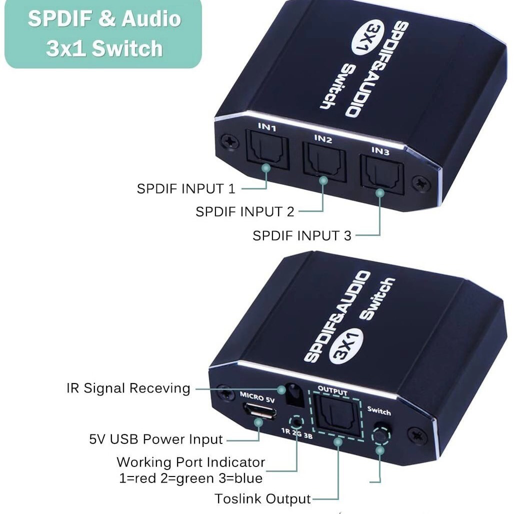 3x1 Optical Audio Switch SPDIF Toslink with Remote Control for Soundbar