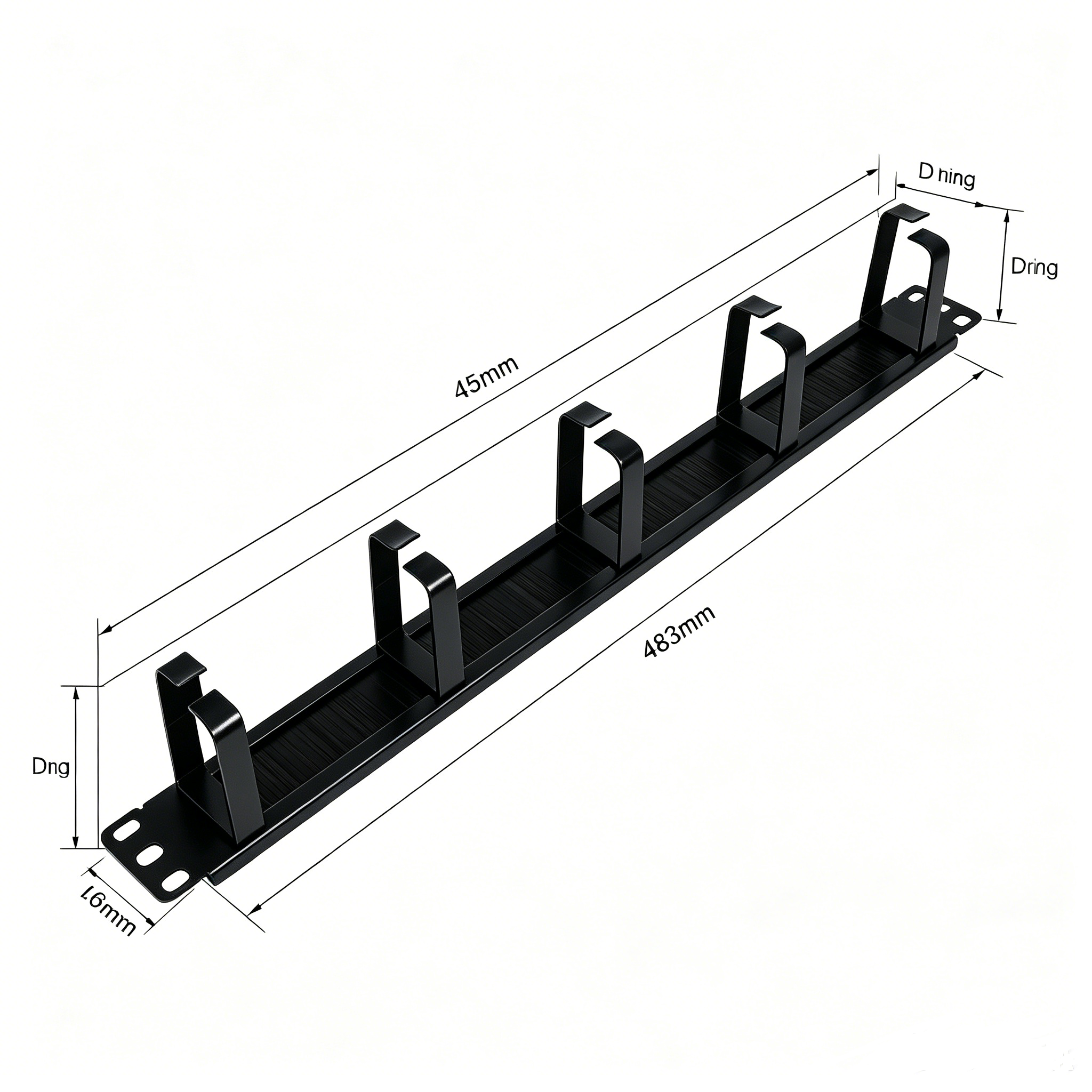 1U Rack Mount Cable Manager 5 D-Ring Metal Cable Organizer with Dust Brush for Standard 19'' Server Network Cabinet